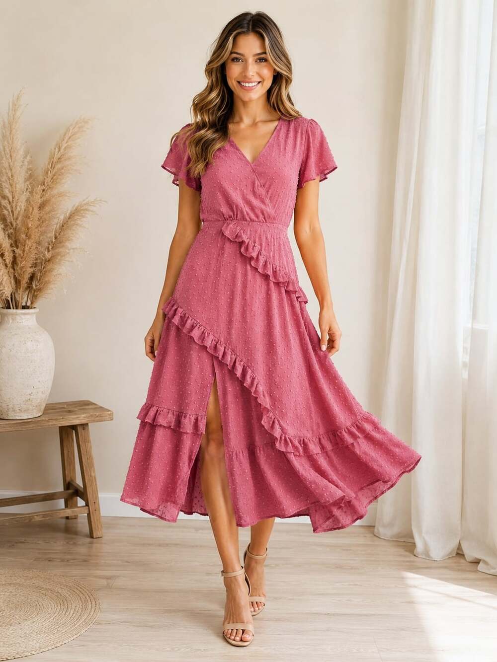 Lulus Dale Rose Pink Swiss Dot Ruffle Asymmetrical Midi Dress Size M